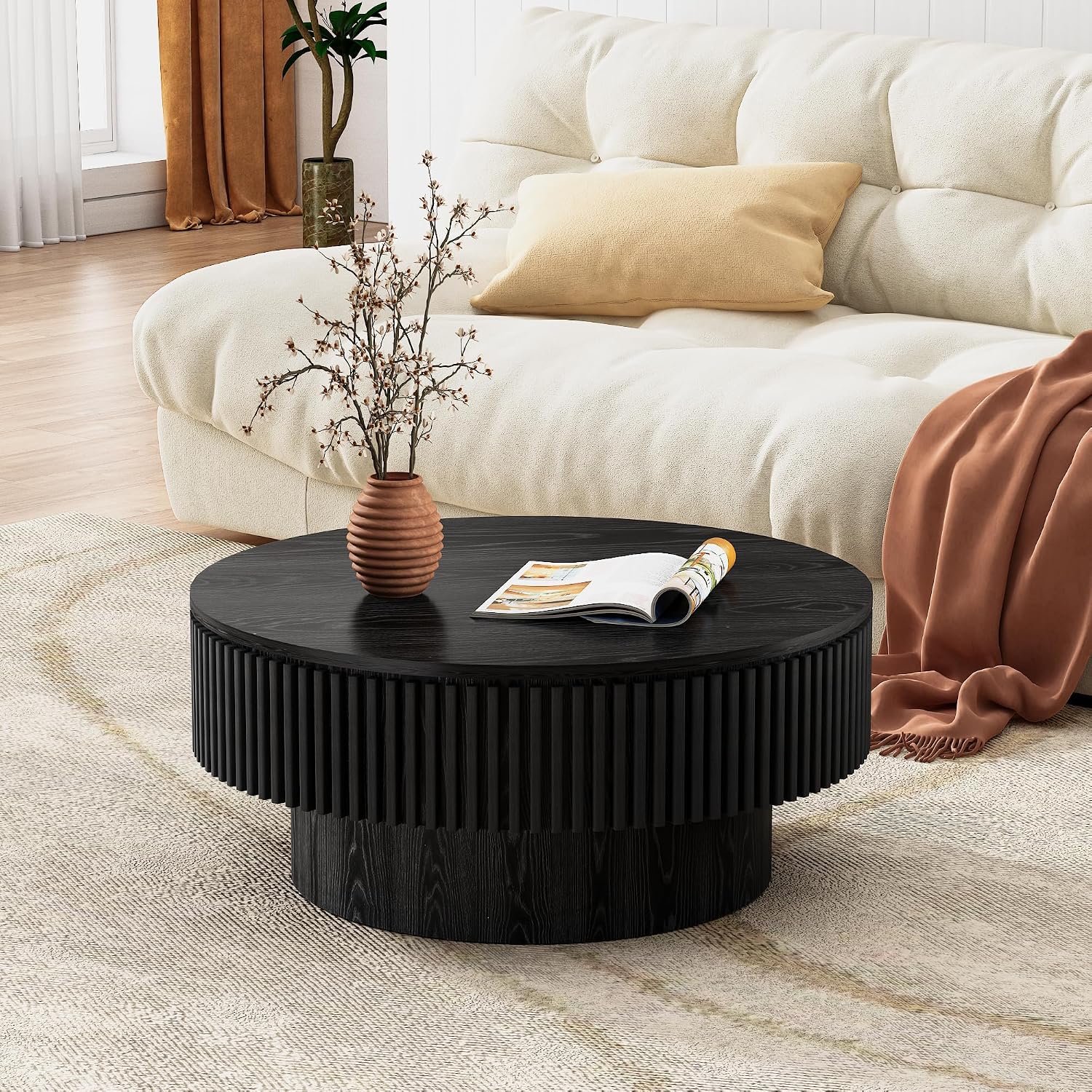Round Coffee Table for Living Room,Fluted Drum Accent Tea Center Table with Storage,Circle Modern Coffee Tables for Small Space Office Apartment (31.5' L×31.5''W×14''H-Black)
