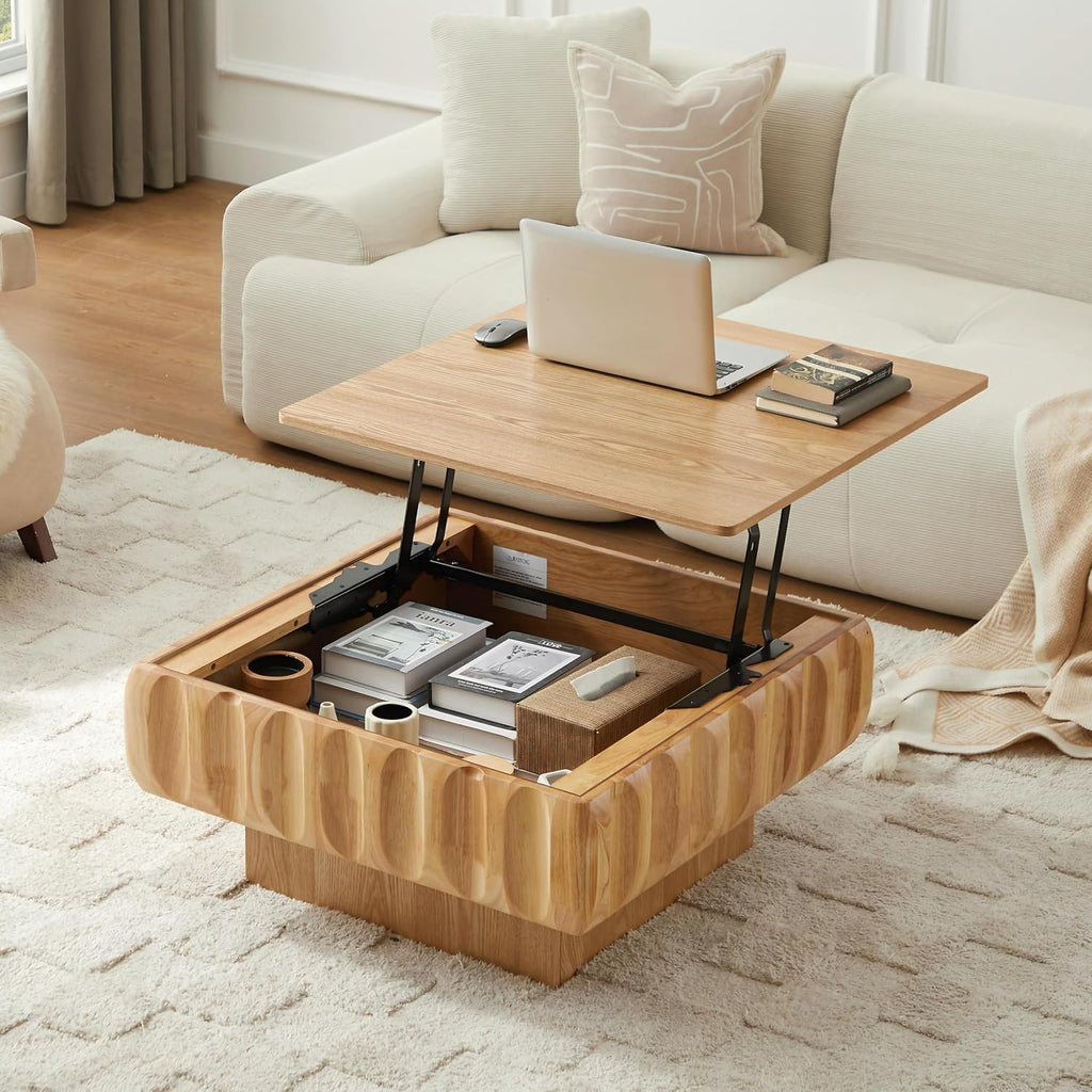 31.1'' Lift Top Coffee Table with Hidden Storage Space, Modern Drum Handcraft Wood Fluted Square Coffee Table for Living Room, Easy Assembly, Natural