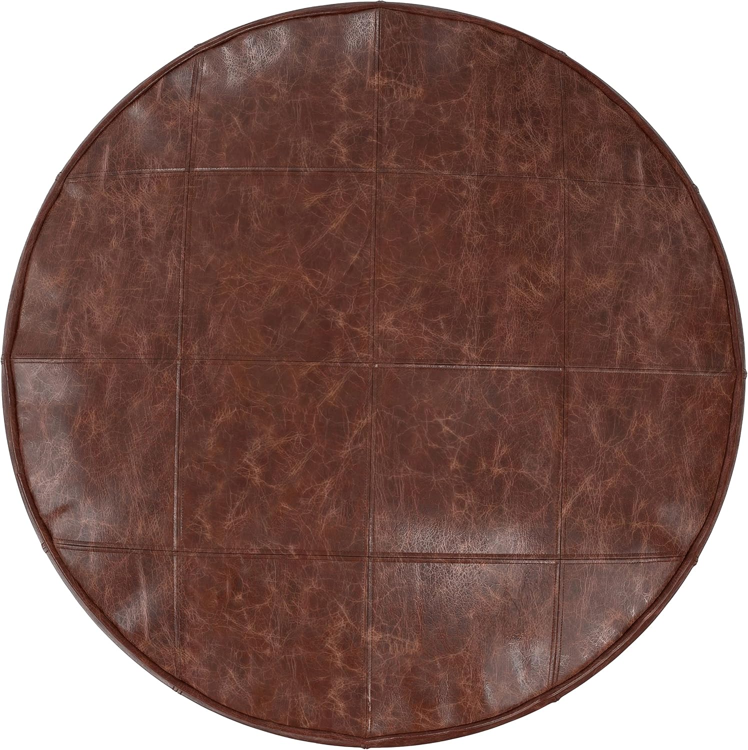 SIMPLIHOME Connor Coffee Table Pouf - 34 inch Wide Round Upholstered Genuine Leather Ottoman in Distressed Brown, Boho-Style Footrest, Extra Seating, or Coffee Table for Living Room, Assembled