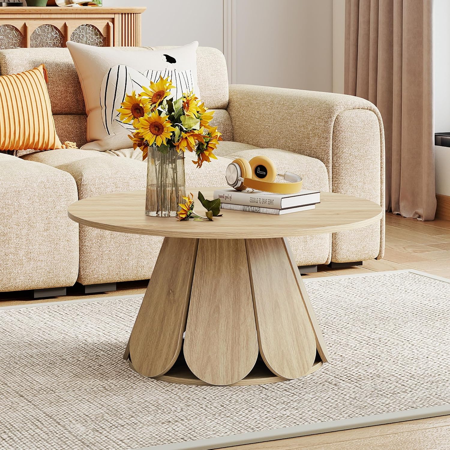 31.5' Round Coffee Table, Modern Farmhouse Wood Coffee Table with Pedestal Base, Small Space Circle Center Table for Living Room, Apartment, Natural