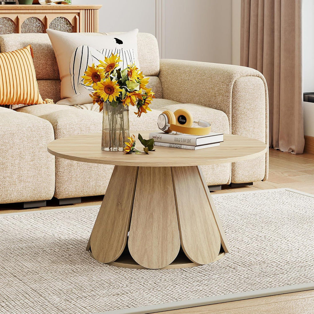 Round Coffee Table, Modern Farmhouse Wood Circle Center Table with Pedestal Base for Small Space, Living Room, Apartment, Natural
