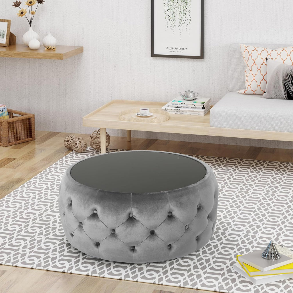 30' Round Velvet Ottoman Coffee Table, Button Tufted Coffee Table with Tempered Glass Top Modern Upholstered Tufted Velvet Cocktail Center Table for Living Room, Fully Assembled (Gray)