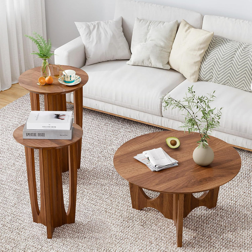 Bifins Small Round Coffee Table Set of 3,Round Coffee Table and 2 End Side Tables, Mid-Century Modern 3-Piece Living Room Tables Set for Apartment, Office,Small Space