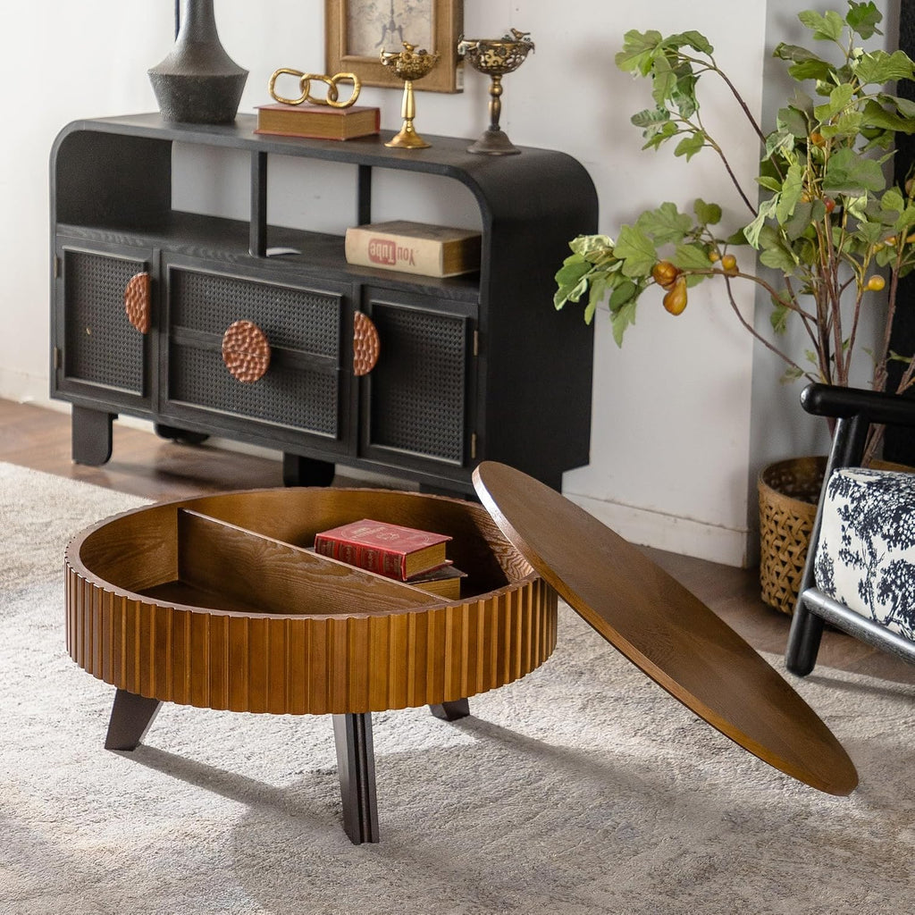 Setawix 31.5' Round Coffee Table with Storage Space, Small Side Tea End Table for Living Room, Wooden Rustic Coffee Table, Storage Entry Way Table, Natural