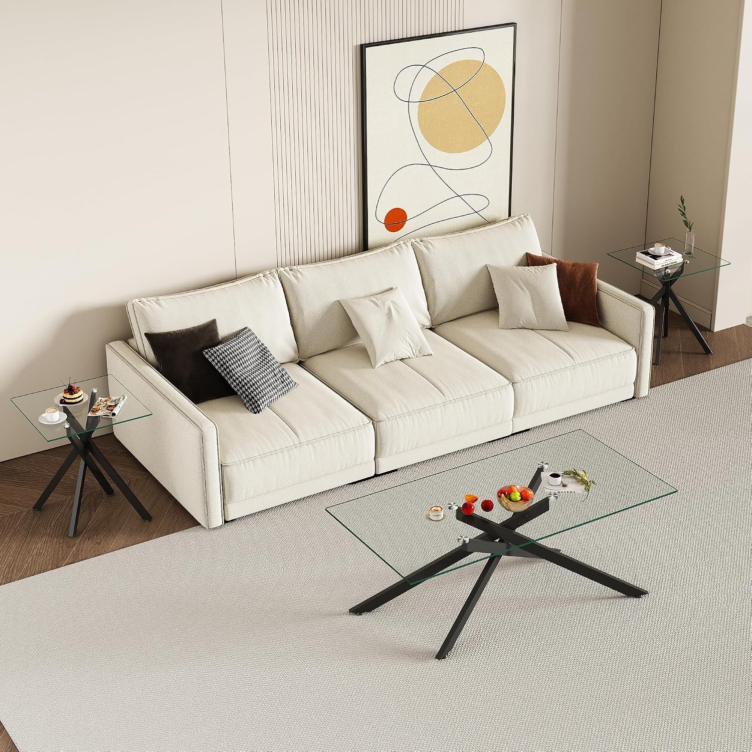 IANIYA Living Room Set - Glass Coffee Table and 2 End Tables with Modern Design Set of 3 (Large Coffee Table + End Table x2, Black)