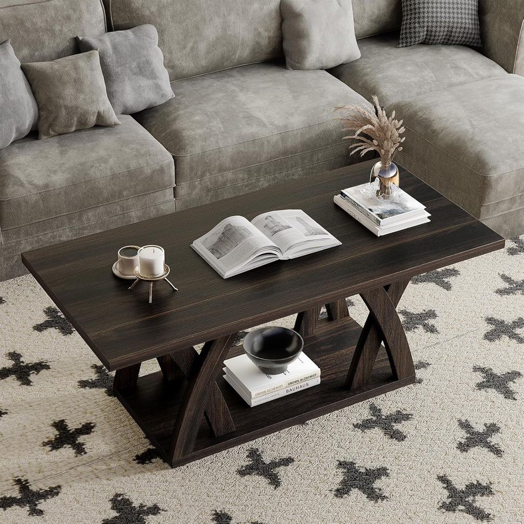FROMJBEST Farmhouse Coffee Table with Shelf, Wood Coffee Table for Living Room, Open Display Area,47' Dark Brown