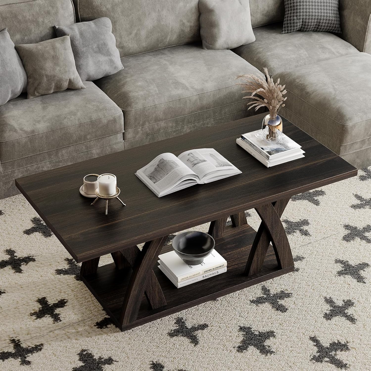 FROMJBEST Farmhouse Coffee Table with Shelf, Wood Coffee Table for Living Room, Open Display Area,47' Dark Brown