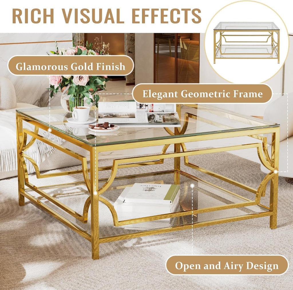 33.5' Square Glass Coffee Table with Storage, Modern 2-Tier Tempered Glass Accent Coffee Table with Metal Frame for Living Room, Minimalist Gold Cocktail Center Table for Office, Apartment