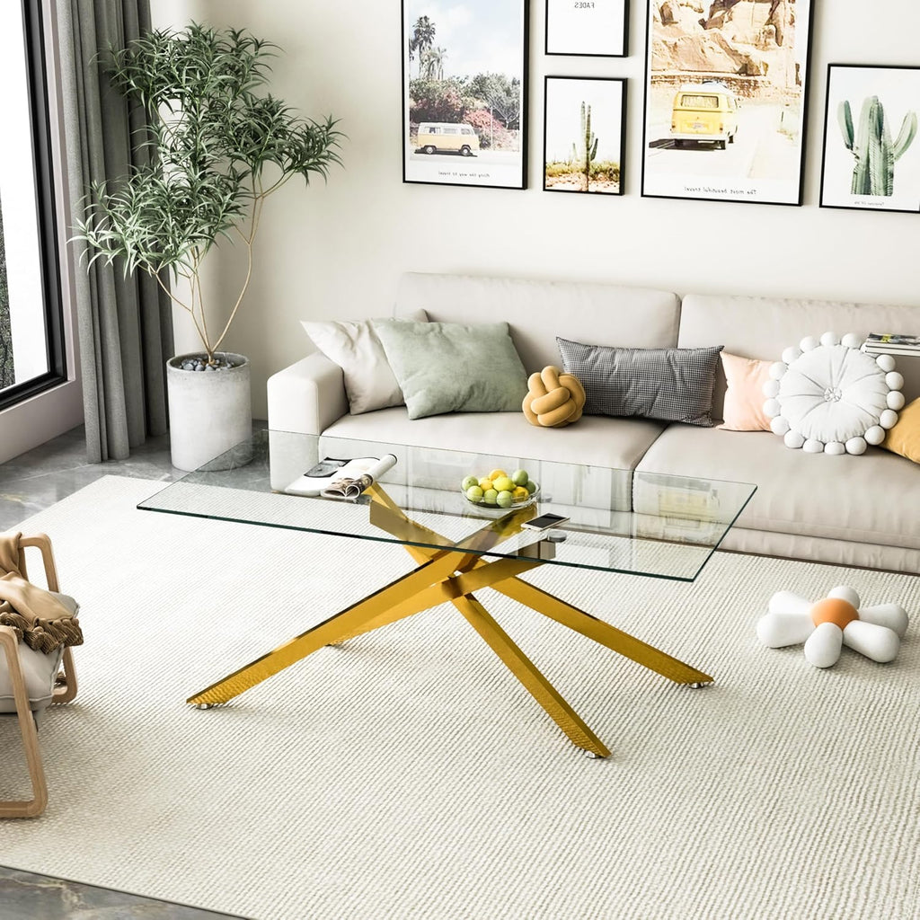 Glass 3 Piece Living Room Table Set,Glass Coffee Table and End Table Sets,Accent Table Sofa Table Sets with X-Designed Metal Legs and Tempered Glass Tabletop for Living Room Furniture (3, Gold)