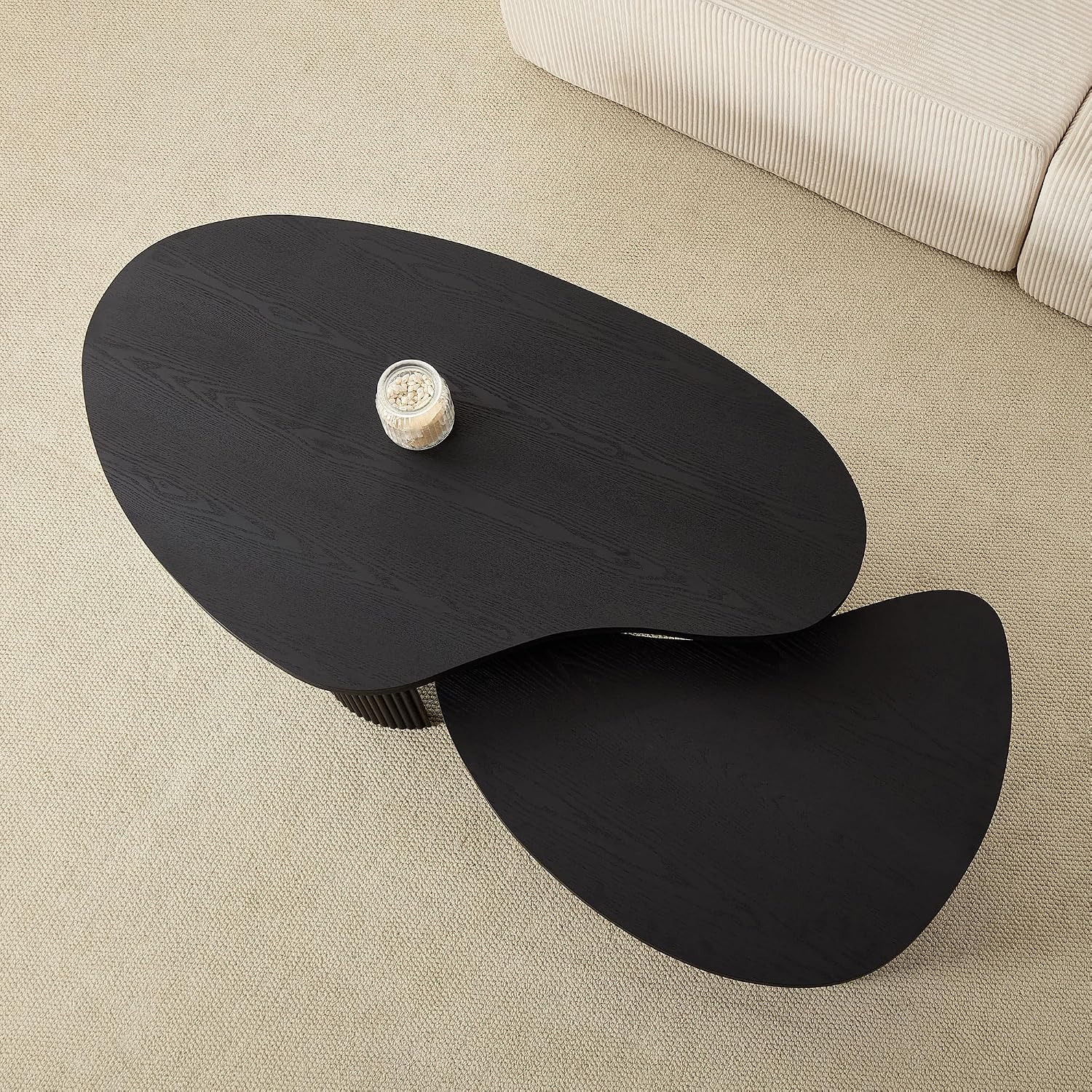 Nesting Coffee Table Set of 2, Modern Irregular Nesting Tables Wooden Center Circle Accent Tea End Side with Fluted Legs for Living Room, Apartment, Office 49.41' W Black