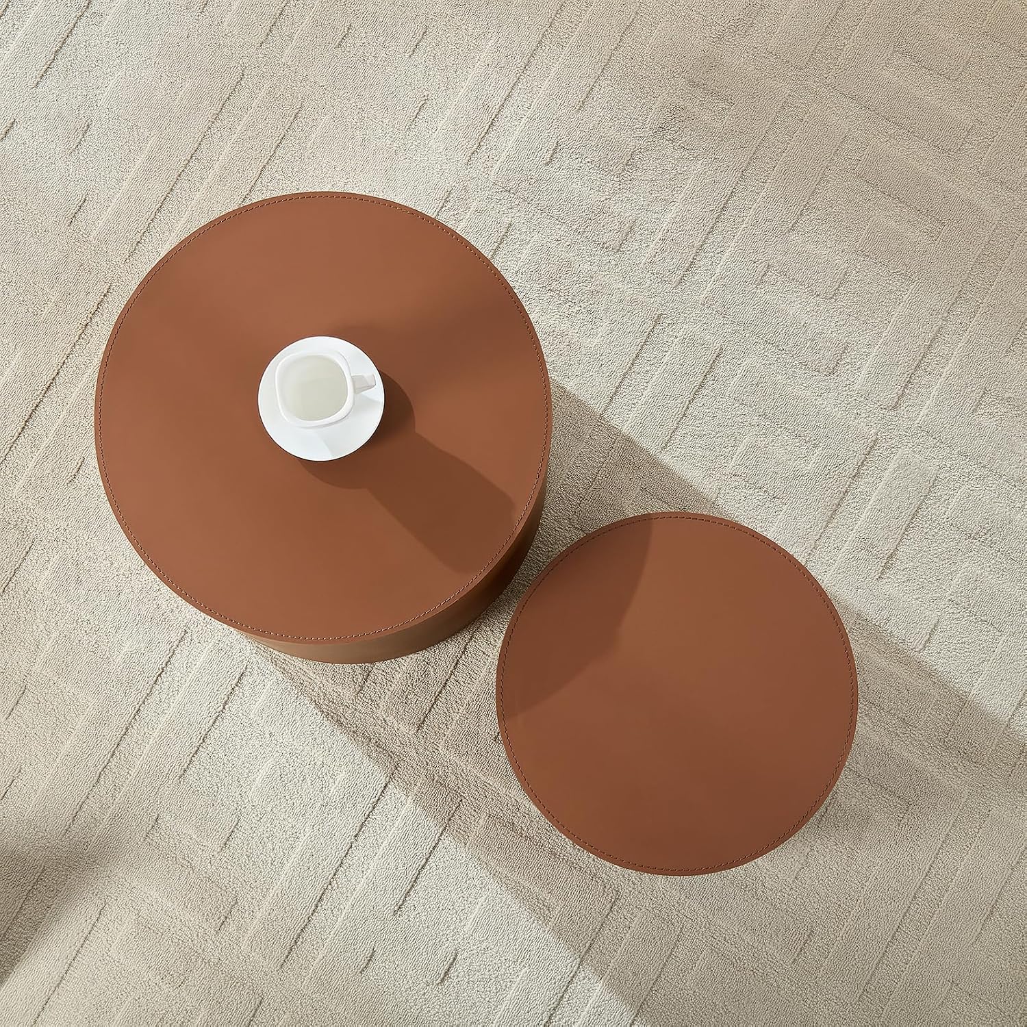 Round Coffee Table Set of 2, Modern Leather Circle Accent Tables, Minimalist MDF Coffee Table Sets for Living Room, Bedroom, Office & Balcony(Brown)