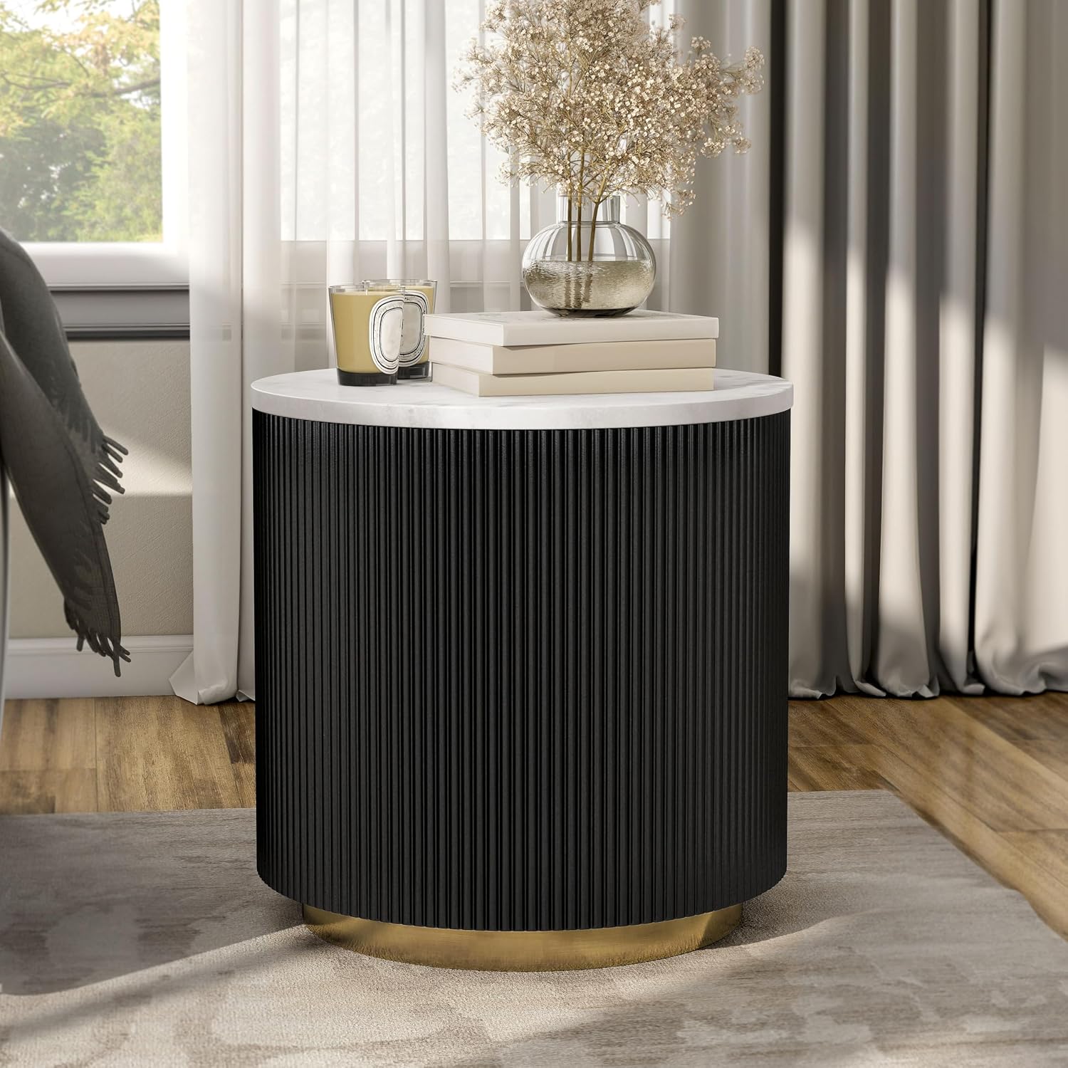 Furniture of America Beryl Modern Round White Genuine Marble Top End Table with Fluted Pedestal Base and Gold Stainless Steel Accent, Low Profile Table for Living Room, Home Office, Black