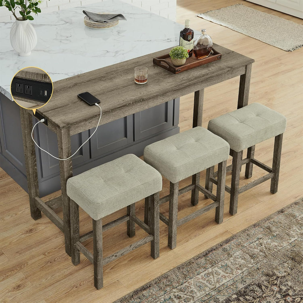 Merax 59' Bar Table Set with Power Outlet,Industrial Breakfast Table with 3 Upholstered Stools w/Footrest,4 Piece Counter Height Bar Table and Chair Set for Living Room,Dining Room,Kitchen,Brown