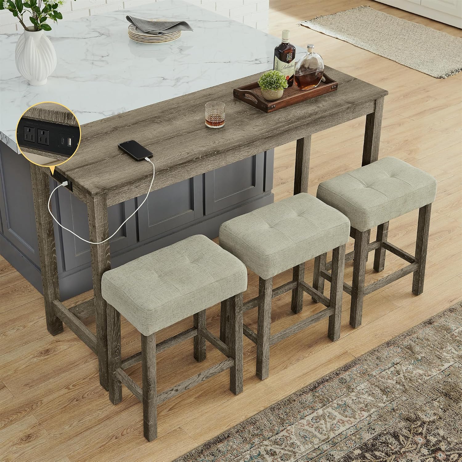 Merax 59' Bar Table Set with Power Outlet,Industrial Breakfast Table with 3 Upholstered Stools w/Footrest,4 Piece Counter Height Bar Table and Chair Set for Living Room,Dining Room,Kitchen,Brown