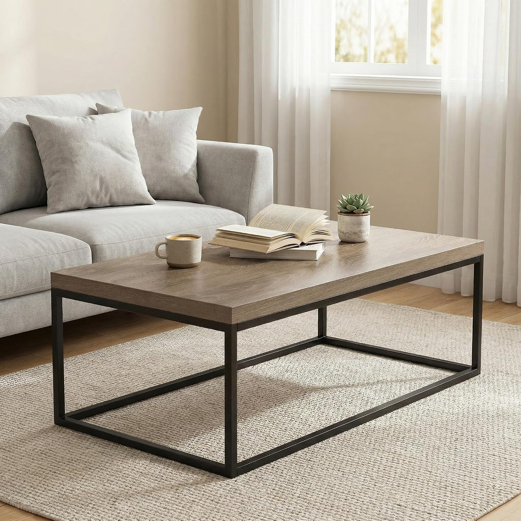 CENSI 47' Industrial Coffee Table, Rustic Grey French Oak Finish, Extra Thick 1.6' Wood Top, Sturdy Metal Frame, Modern Farmhouse Rectangular Cocktail Center Table for Living Room, Easy Assembly