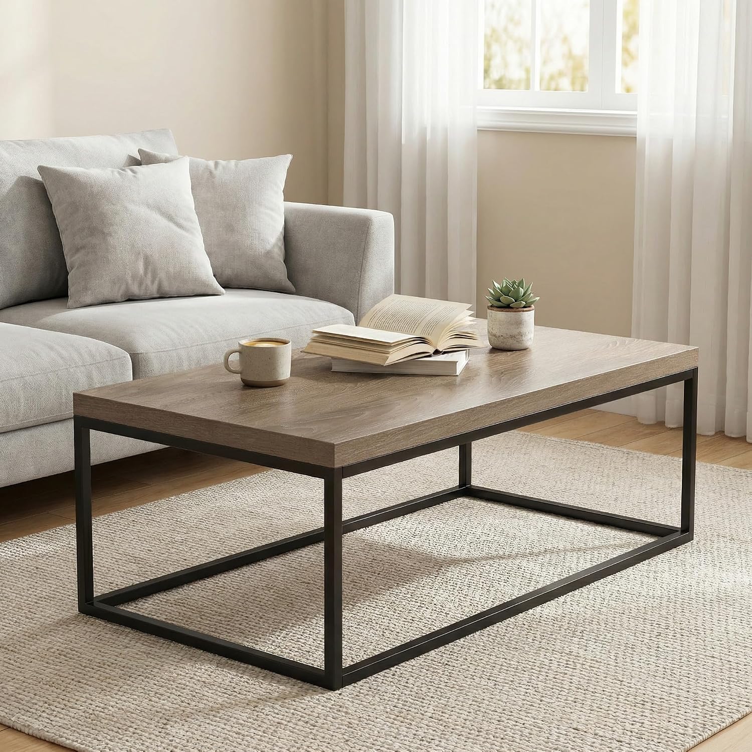 CENSI 47' Industrial Coffee Table, Rustic Grey French Oak Finish, Extra Thick 1.6' Wood Top, Sturdy Metal Frame, Modern Farmhouse Rectangular Cocktail Center Table for Living Room, Easy Assembly