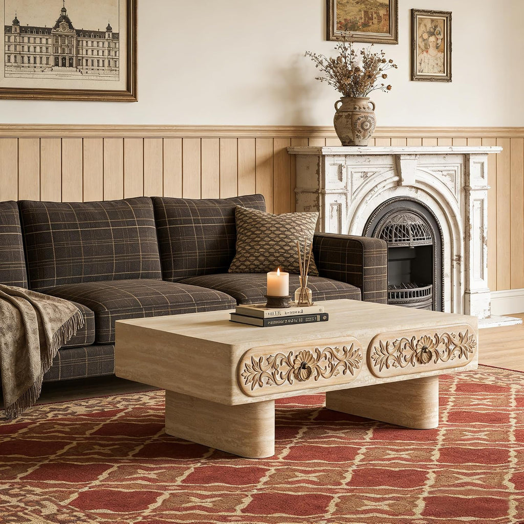 39.5' Faux Mars Coffee Table with Storage, Modern Travertine Coffee Tables with 2 Solid Wood Carved Drawers for Living Room, Rectangular Coffee Center Tea Table with Sturdy Legs for Apartment