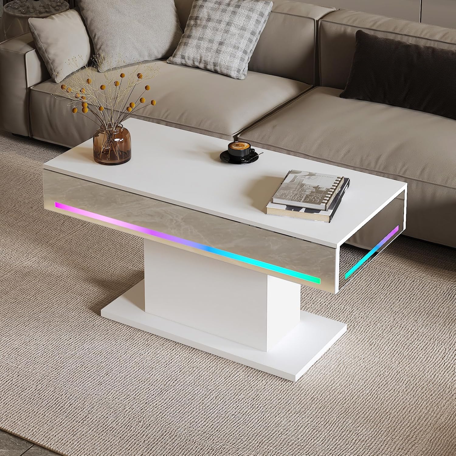HedoAjim Led Coffee Table for Living Room, Living Room Table Rectangular Center Table, Modern Wooden Coffee Tables with 16 Colors LED Lights for Dining Reception Room