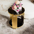 19.8'' Tempered Glass Side Tabel Round End for Living Room, 2-Tier Modern Accent Circle Design, Black Mirror Tabletop & Metal Drum Base, Easy Assembly, Black & Gold