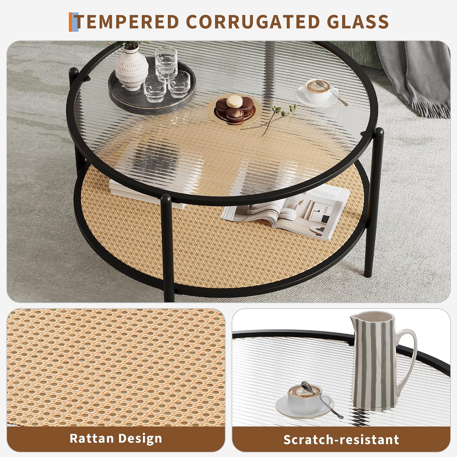30' Round Rattan Coffee Table, 2-Tier Black Gold Glass Storage Center Table for Living Room, Modern Circle Small Round Coffee Table with Tempered Water-Wave Glass Top & Metal Frame for Bedroom, Office