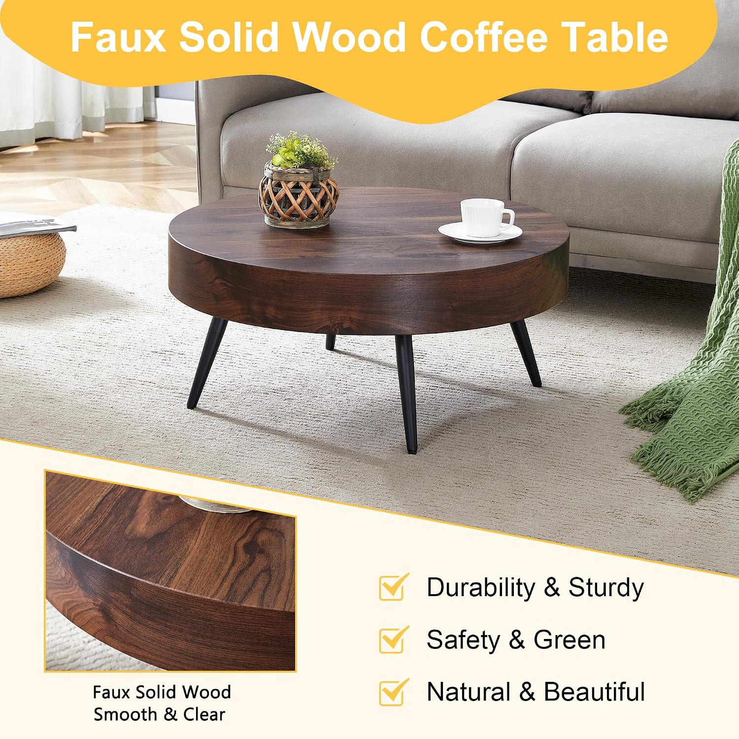 Round Coffee Table with Storage Walnut Wood Coffee Table for Living Room Mid Century Modern Coffee Tables
