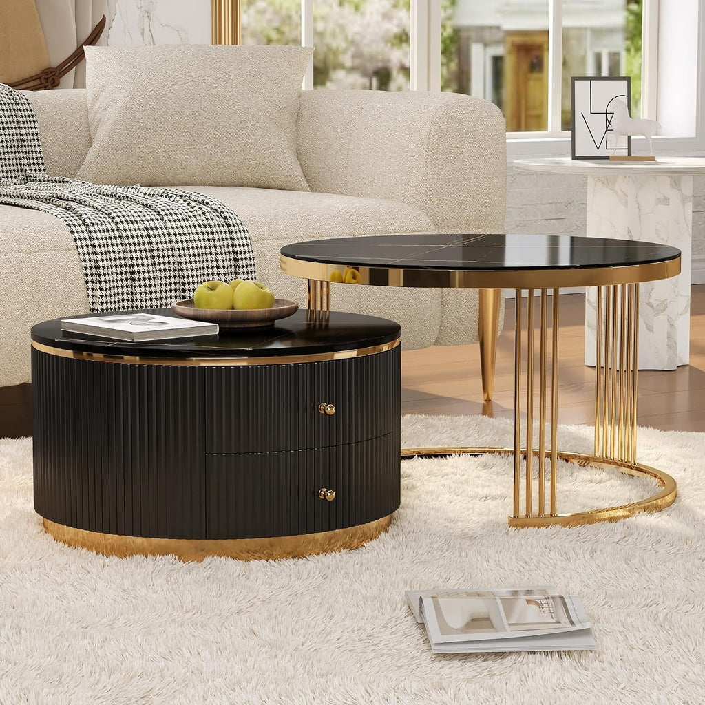 Modern 2 Pieces Round Nesting Coffee Table with Drawers(Black,27.6'+23.6')
