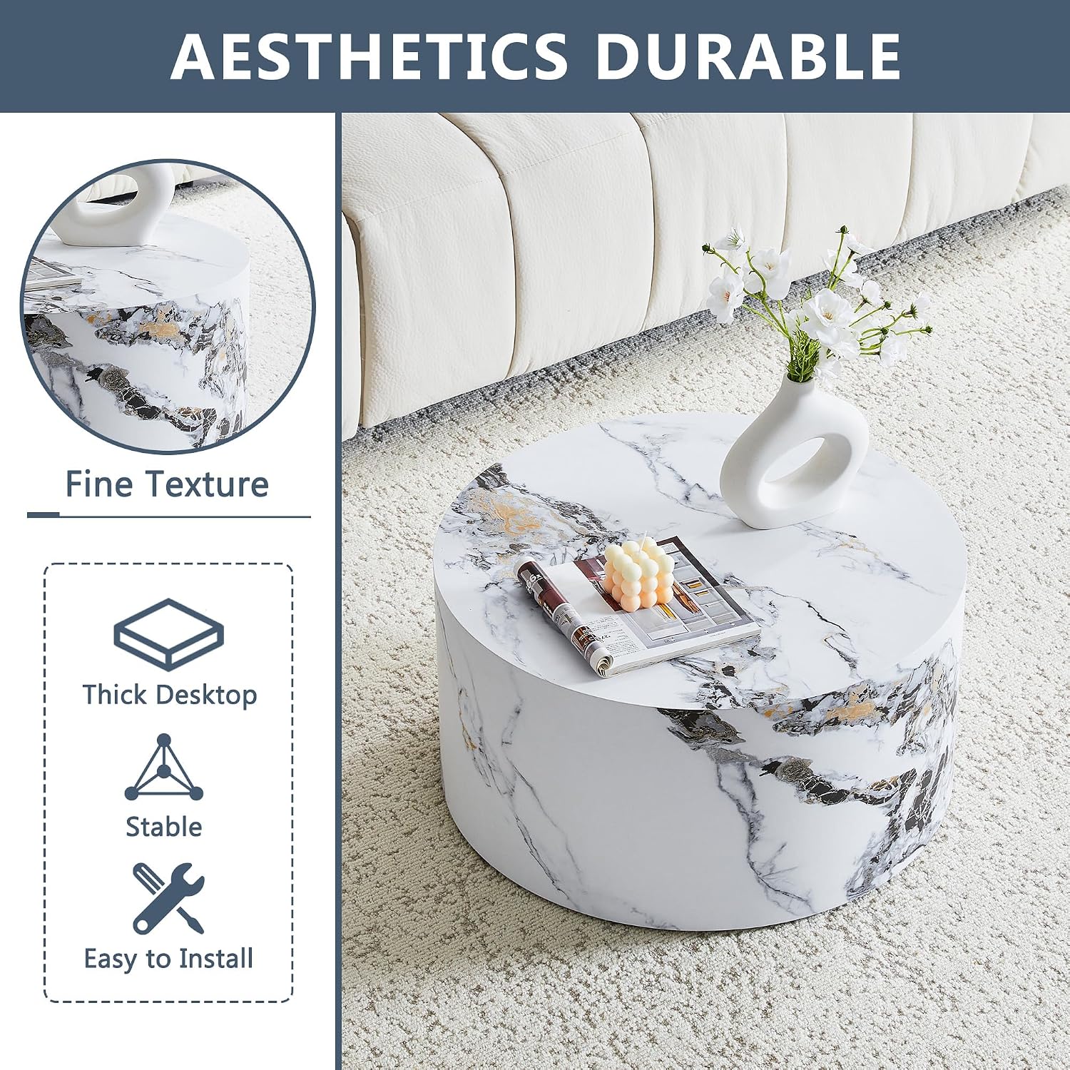 23.6' White Marble Small Coffee Table for Living Room Round Faux Marble Center Table Modern Drum-Shape Wooden Cocktail Table for Home Office - Fully Assembled