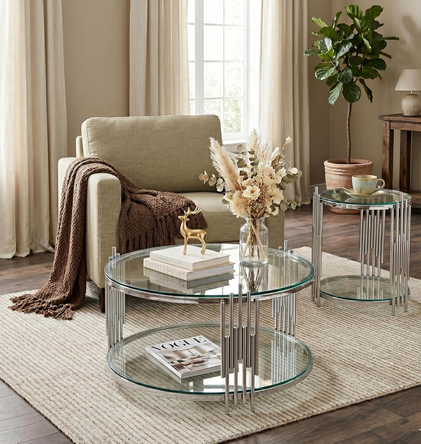 Round Coffee Table Set of 2 Modern Circle Glass Coffee and End Table Sets with Stainless Steel Frame 2 Pieces Living Room Center Table Sofa Side Table for Home Office