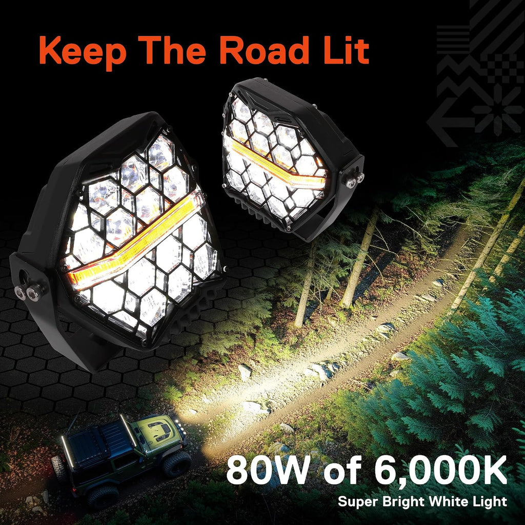 TRUE MODS 80W 5' Round LED Pods Offroad Light Pair Set [Side Shooter Optics] [Amber Turn Signal Marker Light] Off-Road Fog Driving Lights for UTV ATV Jeep Wrangler SxS 4x4 Truck Pick-Up Auto - Black