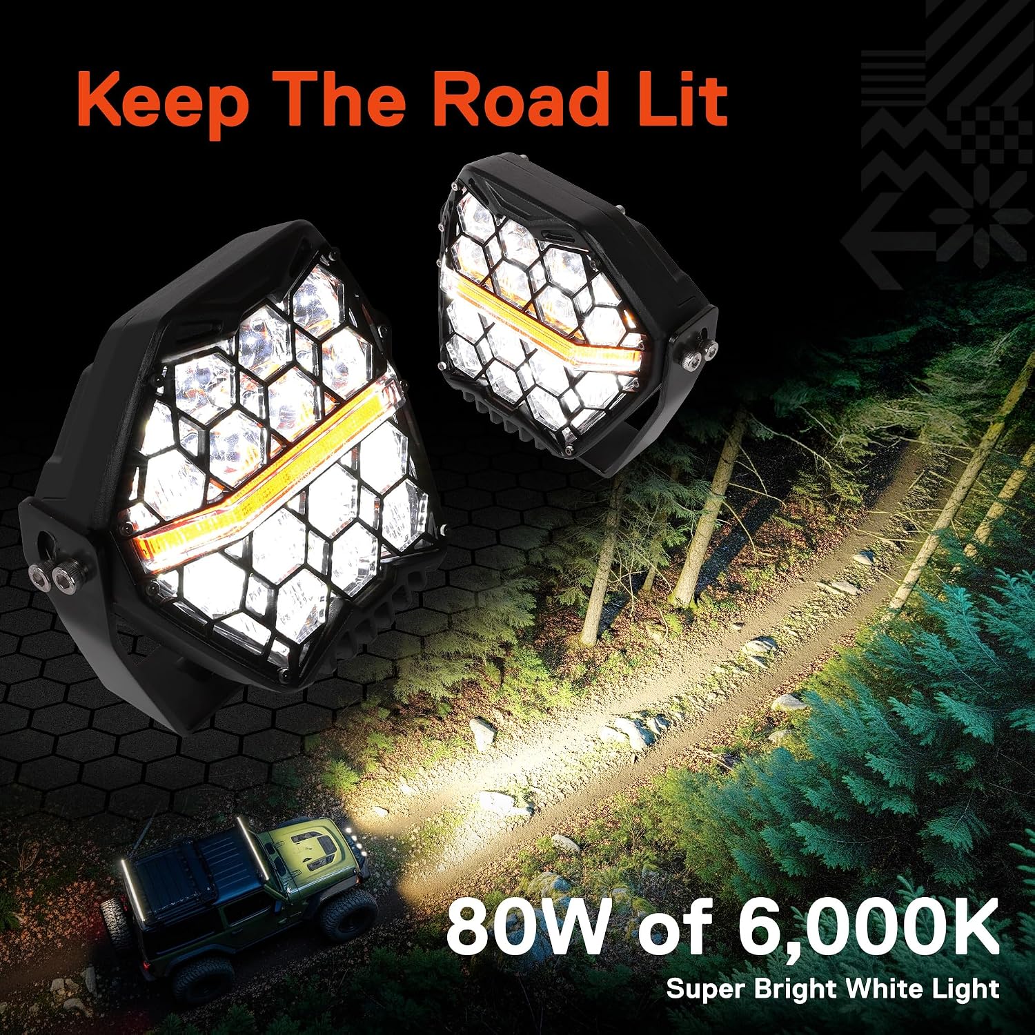 TRUE MODS 80W 5' Round LED Pods Offroad Light Pair Set [Side Shooter Optics] [Amber Turn Signal Marker Light] Off-Road Fog Driving Lights for UTV ATV Jeep Wrangler SxS 4x4 Truck Pick-Up Auto - Black