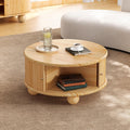 31.8'' Round Coffee Table with Storage Space for Living Room, Modern Fluted Wood Circle Coffee Table, Smooth Sliding Door, Natural