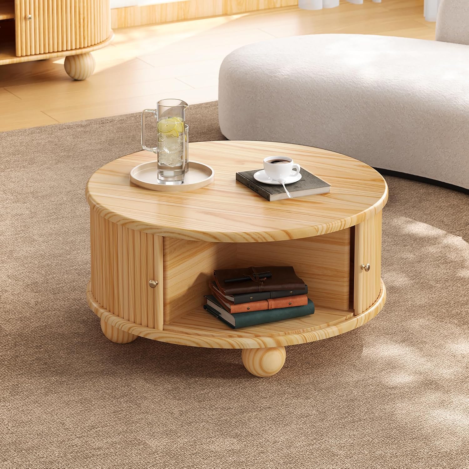 31.8'' Round Coffee Table with Storage Space for Living Room, Modern Fluted Wood Circle Coffee Table, Smooth Sliding Door, Natural