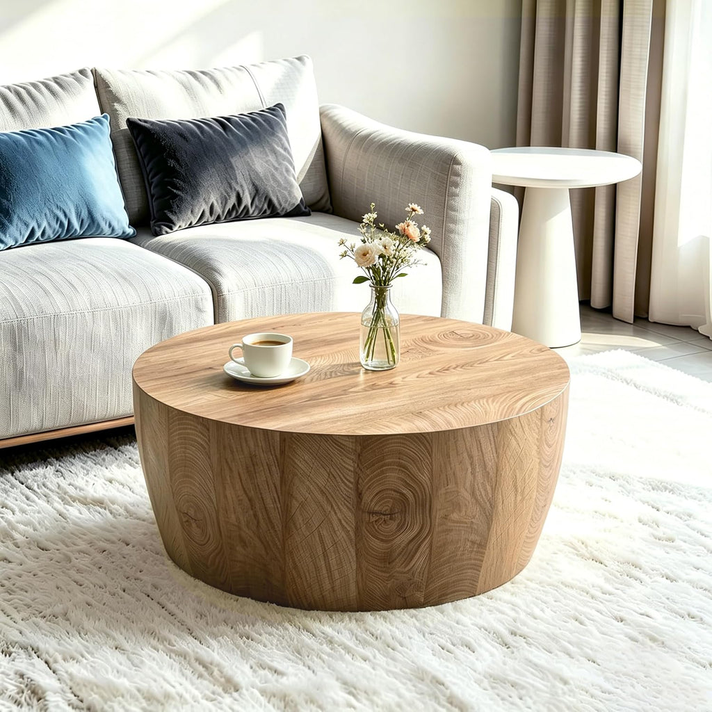 Round Coffee Tables for Living Room Small Modern Drum Coffee Table Rustic Farmhouse Wood Circle Center Table - Fully Assembled 29.5'