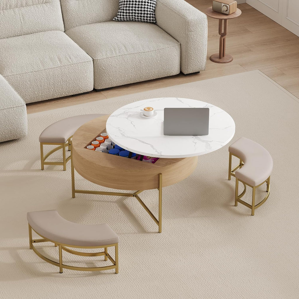 31.5' Modern Round Lift-Top Coffee Table with Storage & 3 Ottoman,White & Natural