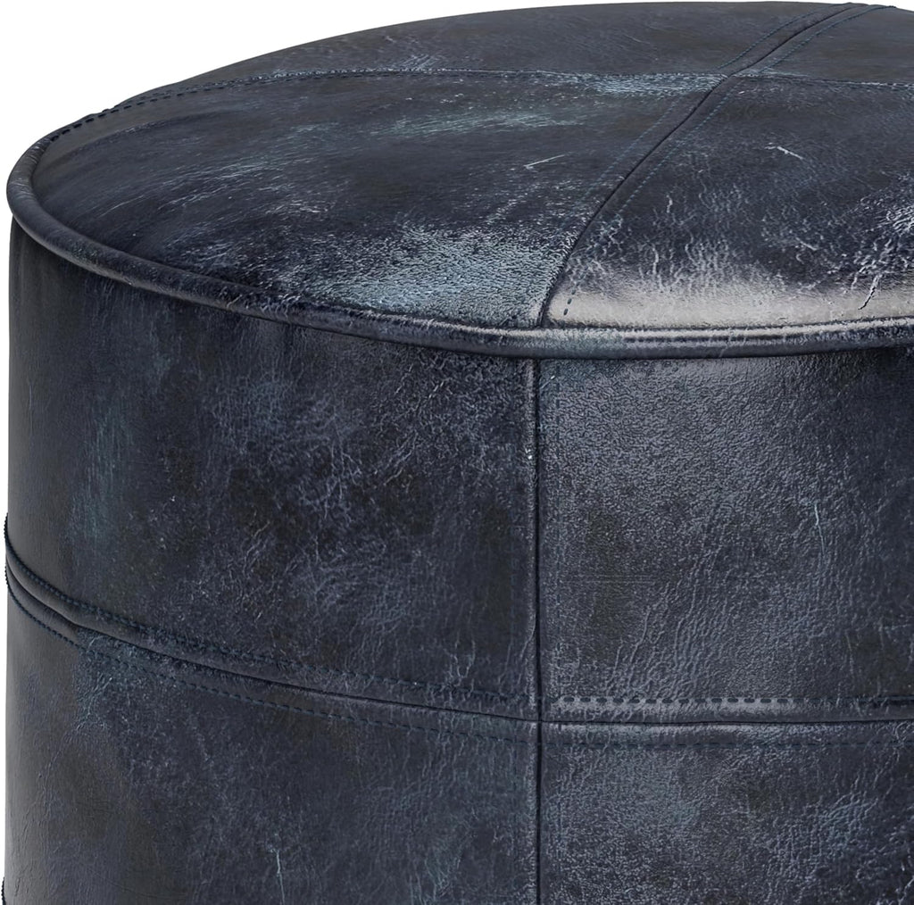 SIMPLIHOME Connor Round Pouf - 18 inch Wide Upholstered Genuine Leather Ottoman in Distressed Navy Blue, Boho Footstool or Extra Seating for Living Room or Bedroom with Polystyrene Filling, Assembled