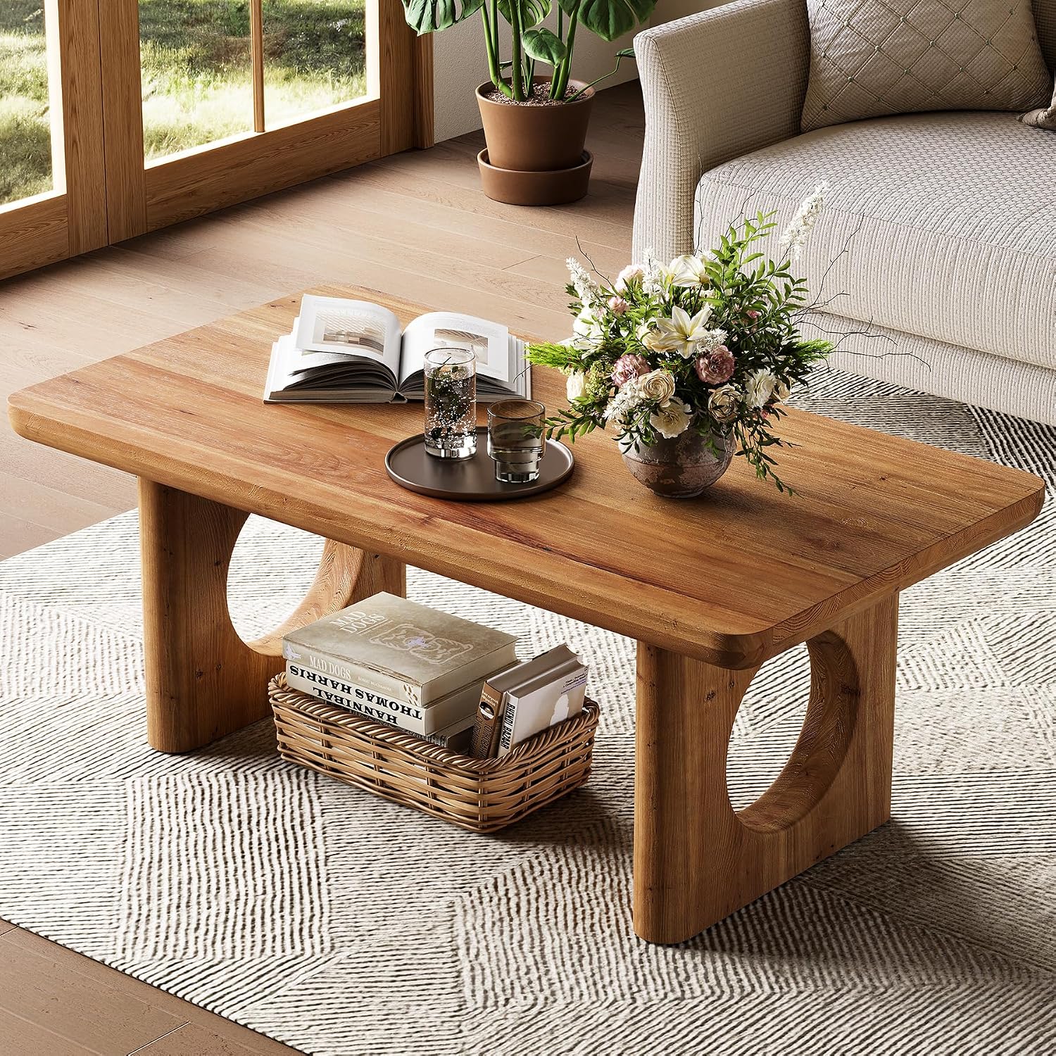 LITTLE TREE Solid Wood Coffee Table, Modern Farmhouse Coffee Table with Thick Tabletop, Rectangle Center Table for Living Room, Home Office, Bedroom, Brown