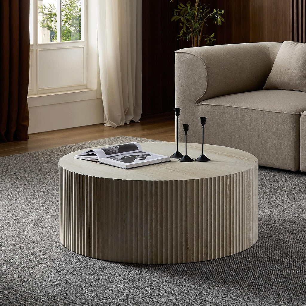 Faux Travertine Round Coffee Table, 35' Modern Relief Design Coffee Table Center Table for Living Room, Travertine, No Assembly Needed