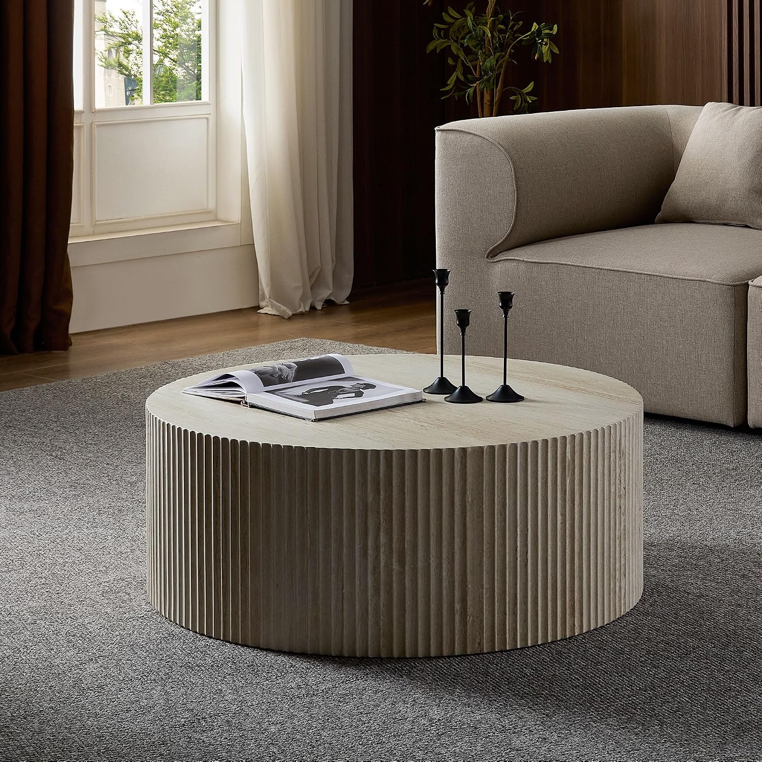 Faux Travertine Round Coffee Table, 35' Modern Relief Design Coffee Table Center Table for Living Room, Travertine, No Assembly Needed