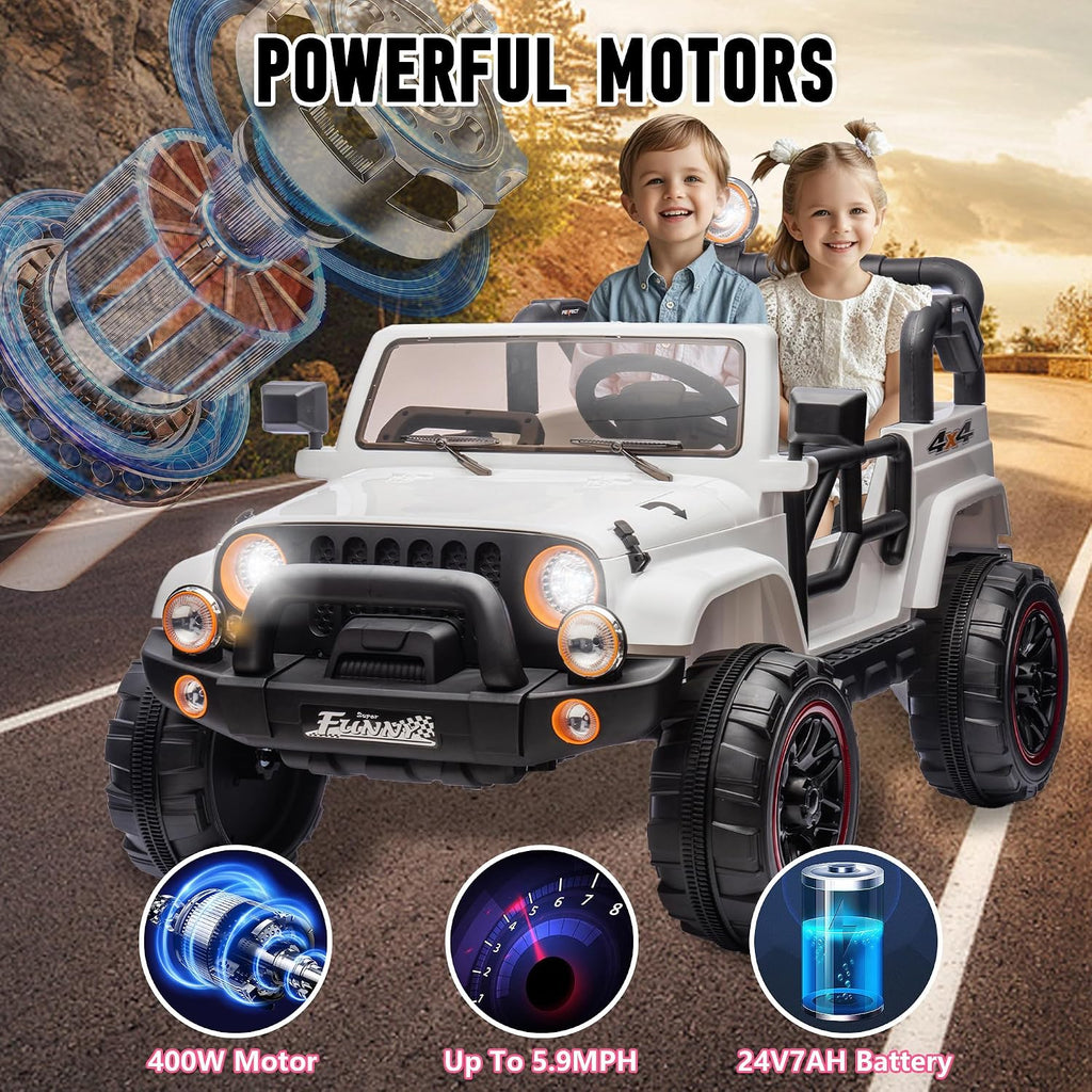 24V XL Kids Electric Ride on Truck Car 2 Seater Remote Control for Toddlers 2-8, 160W 2 Motors 5MPH Max Speed, Bluetooth USB Music Player, LED Lights Safety Belt, Gift for Boys Girls, White