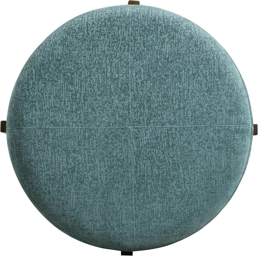 Christopher Knight Home Holmes Modern Chenille Upholstered Ottoman Coffee Table, Wooden Round Cocktail Ottoman, Large Living Room Sofa Footstool/Footrest, Teal Blue+Walnut