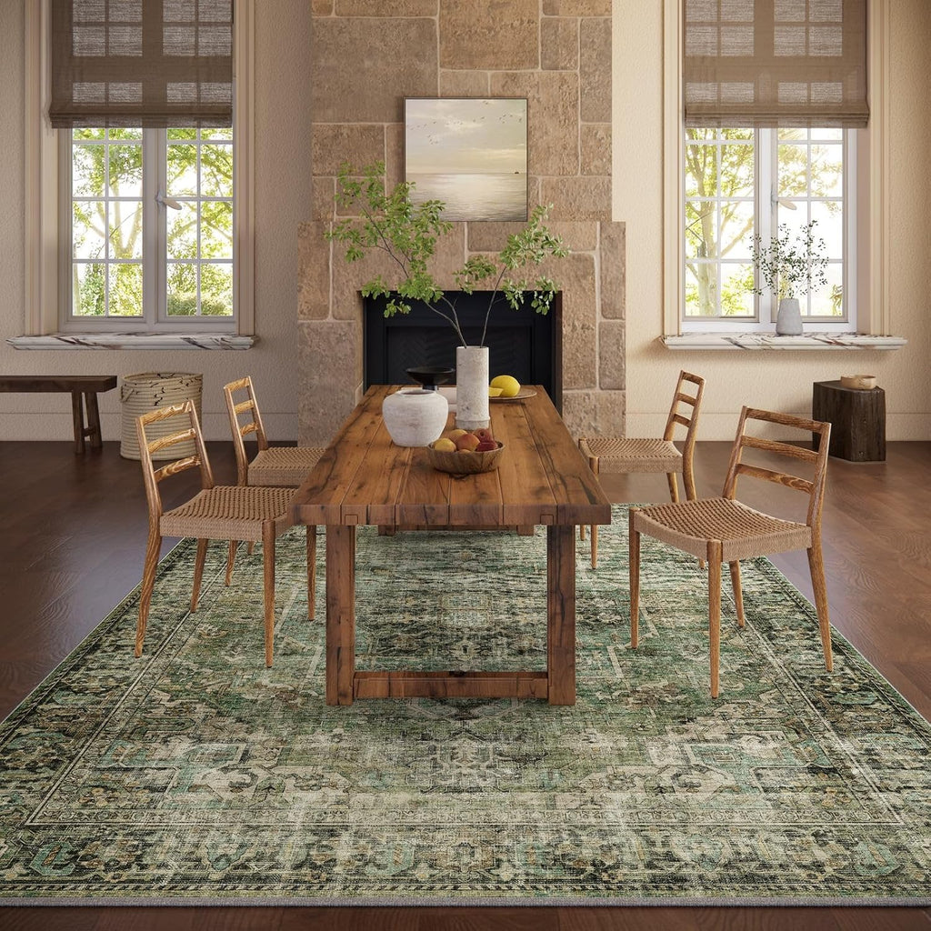 palohom 10x12 Area Rug Washable Rugs: Large Living Room Rug Stain Resistant Non Slip Distressed Vintage Low Pile Faux Wool Soft Green Rugs for Bedroom Farmhouse Dining Room Kids Playroom Nursery