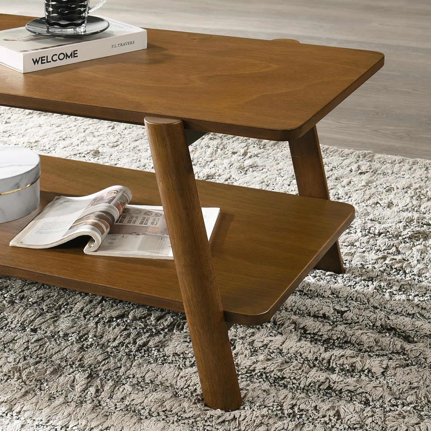 3-Piece Living Room Table Set, Coffee Table& Two End Tables, Side Table with Wood Storage Shelf for Living Room, Bedroom (Walnut, 43.3''L X 17.8''W X 17.72''H)