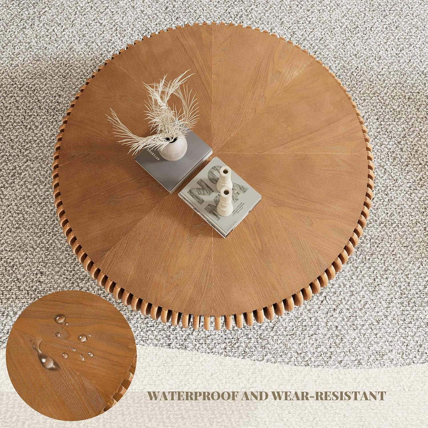 Modern Unique Round Fluted Coffee Table, Brown Wood Circle Coffee Tables, Contemporary Round Drum Accent Center Table for Living Room Reception Room