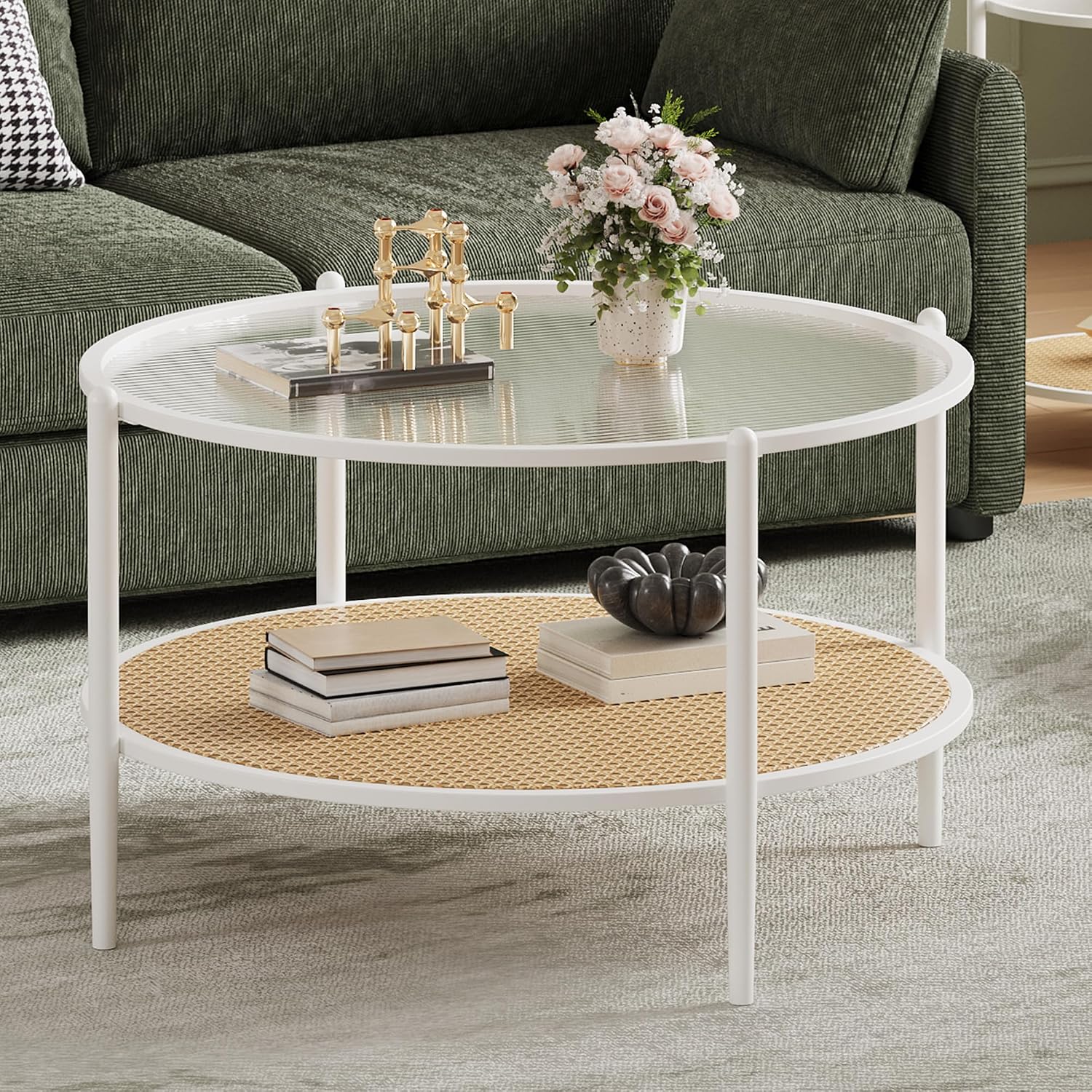 30' Round Rattan Coffee Table, 2-Tier White Gold Glass Storage Center Table for Living Room, Modern Circle Small Round Coffee Table with Tempered Water-Wave Glass Top & Metal Frame for Bedroom, Office