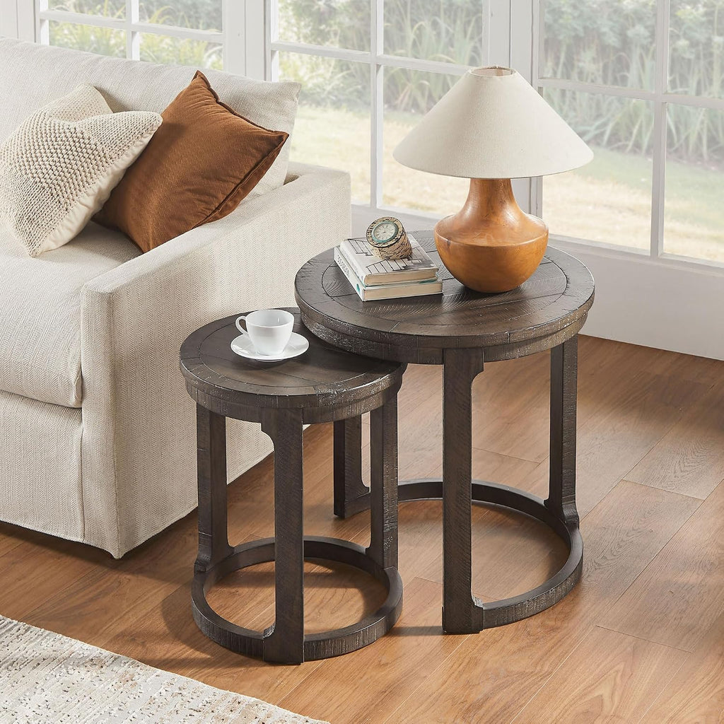 Round End Side Table Set of 2, Handcraft Nesting Table for Living Room, Modern Wood Circle Style, Easy Assembly, Dark Brown