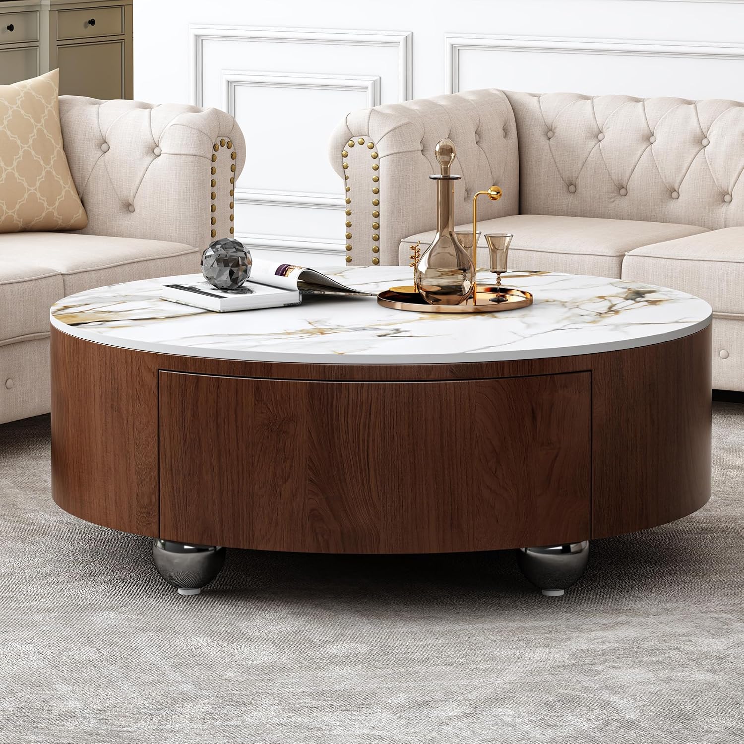 35.4'' Sintered Stone Round Coffee Table with 2 Drawer Storage Space, Modern Wood Circle Drum Coffee Table for Living Room, Stainless Legs, Brown & White
