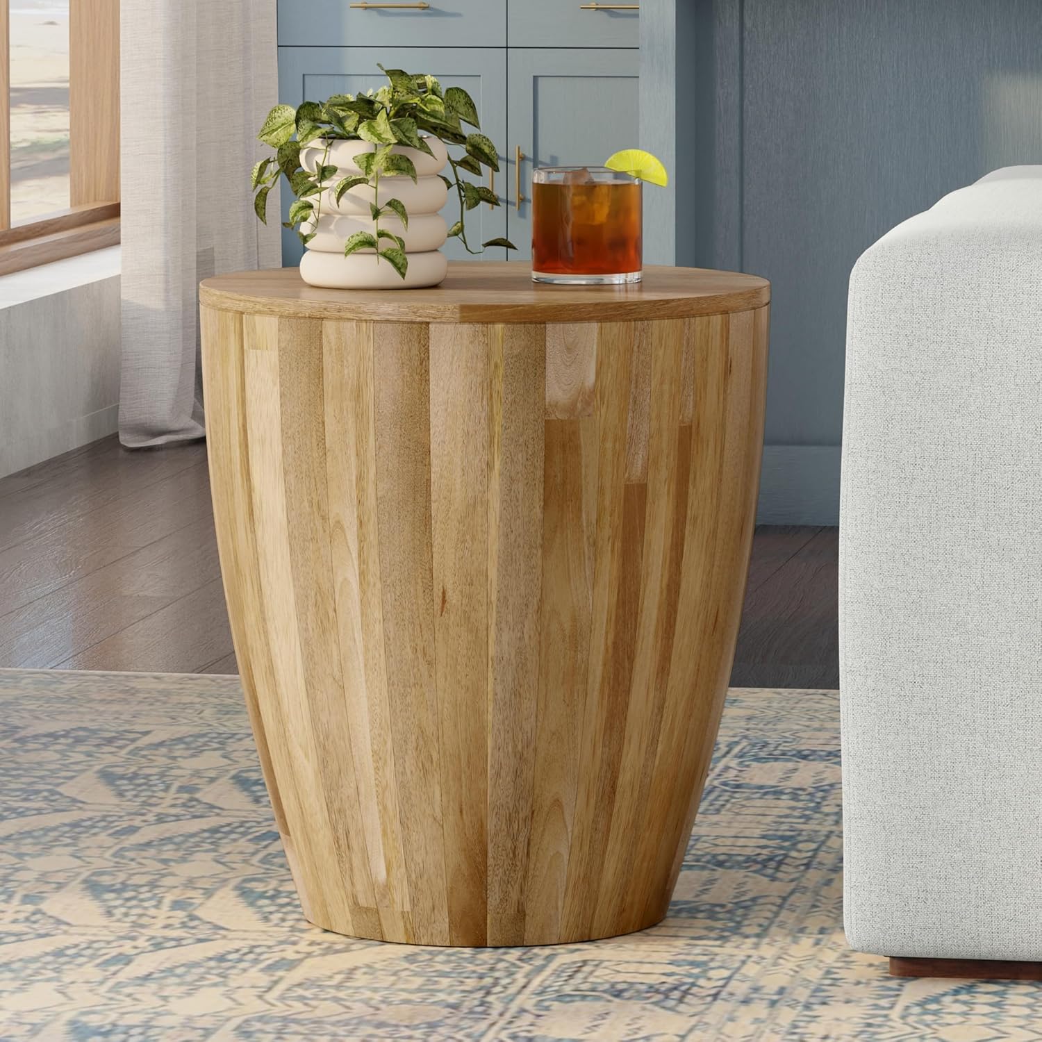 SIMPLIHOME Elmbrook End Table - 21 inch Wide Solid Mango Wood Round Drum Table with Vertical Panel Detailing in Natural, Modern Nightstand or Plant Stand for Living Room or Bedroom, Assembled