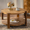 34.65'' Round Coffee Table 2-Tier for Living Room, Modern Mid-Century Circle Carved Handcrafted Solid Wood Coffee Table, Easy Assembly, Natural
