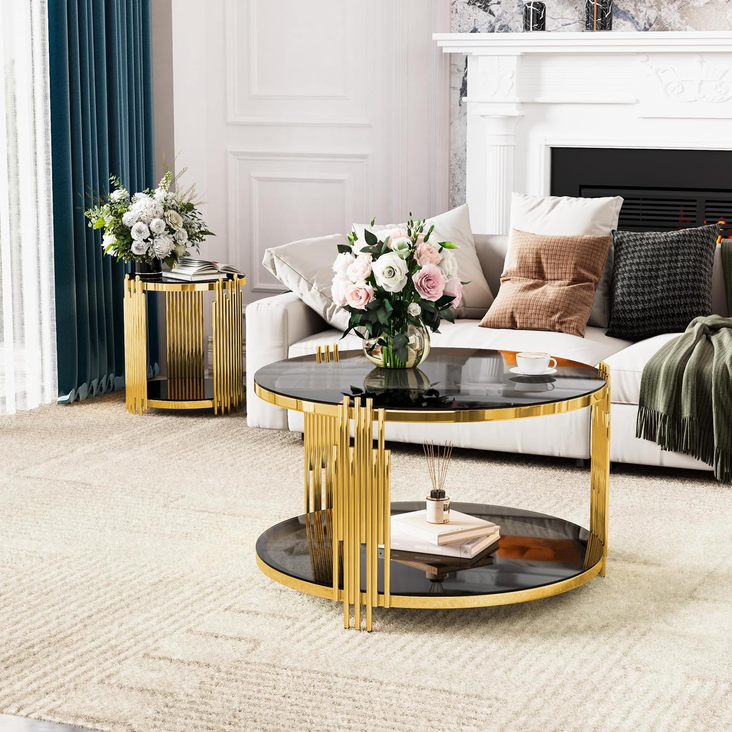 31.5'' Tempered Glass Round Coffee Table for Living Room, 2-Tier Modern Circle Coffee Table, Black Mirror Tabletop & Metal Drum Base, Easy Assembly, Black & Gold