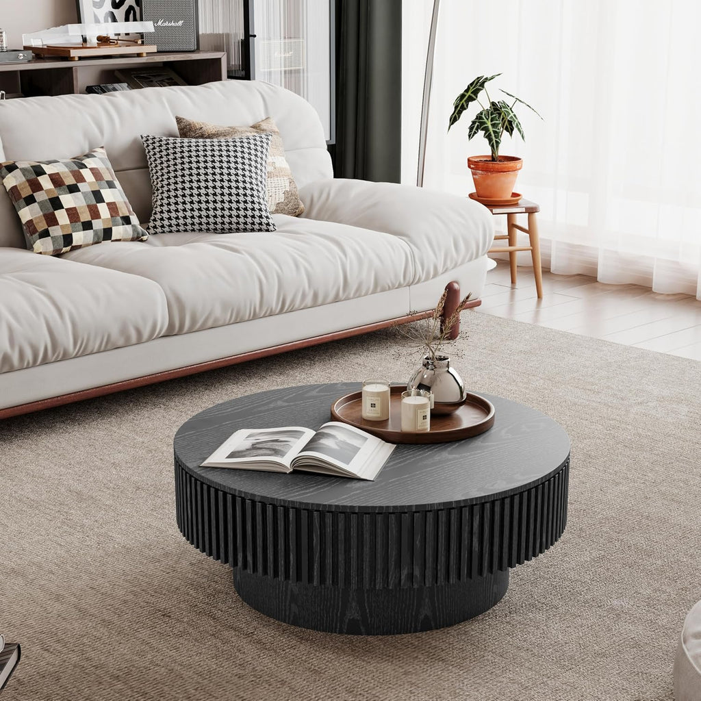 Round Coffee Table with Storage Wood Circle Coffee Table for Living Room Contemporary Fluted Table Center Table for Apartment, Easy Assembly ø39.4,Black